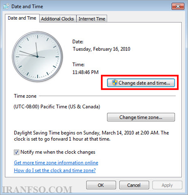 روی "Change date and time" کلیک کنید.