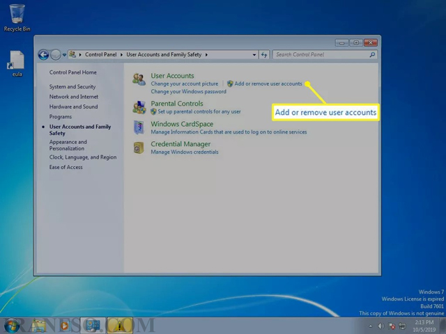 (Add or remove user accounts) را انتخاب کنید.