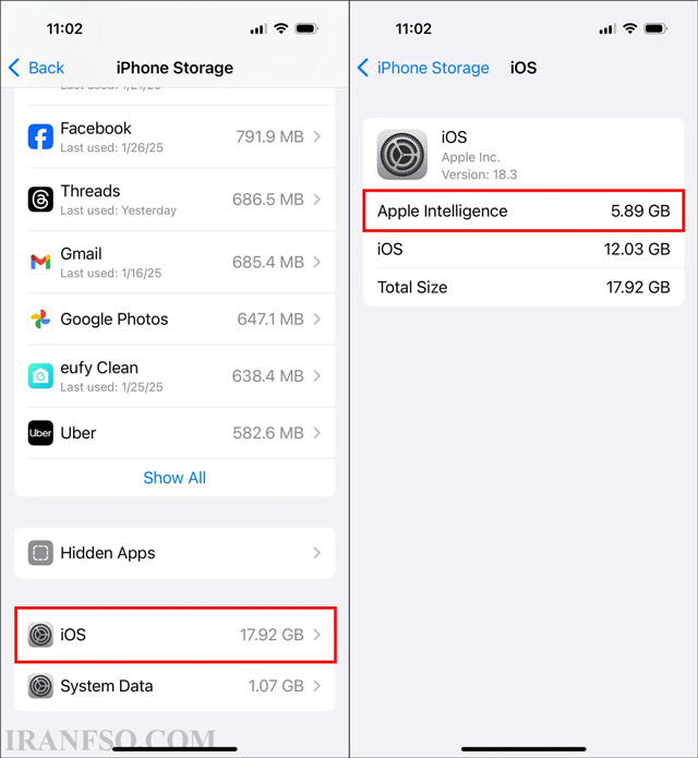 چگونه ببینیم که Apple Intelligence چقدر از حافظه را اشغال کرده است؟