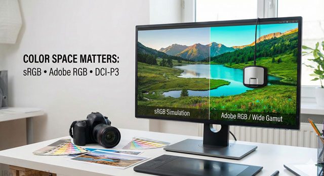 انتخاب یک صفحه نمایش با حداقل 100 درصد Adobe RGB یا sRGB توصیه می‌شود