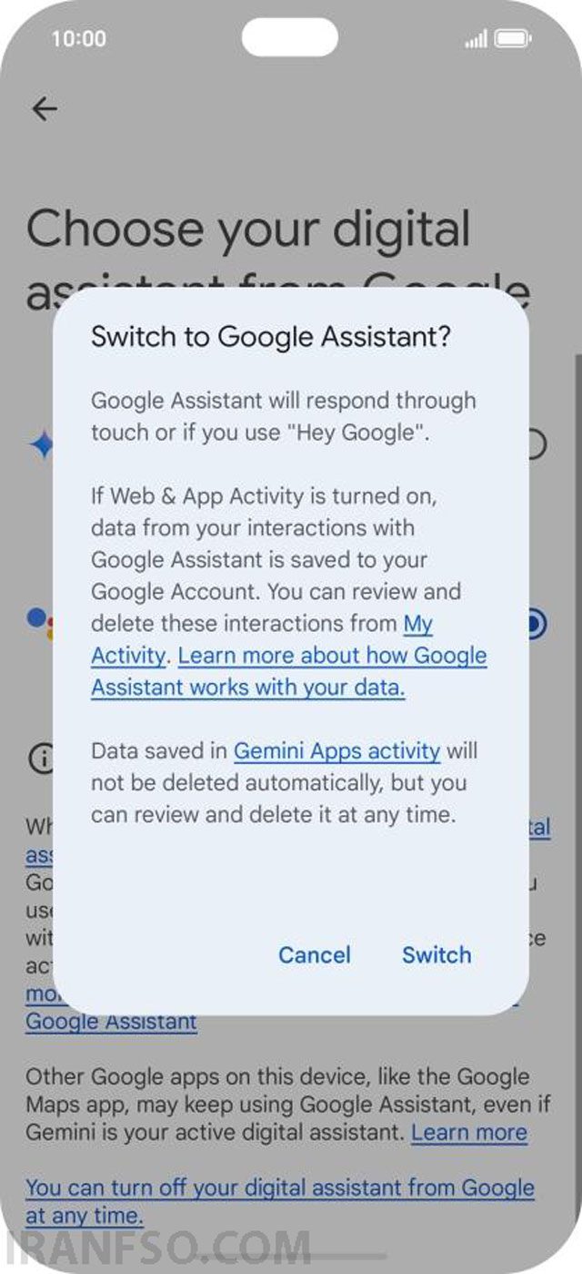 گزینه Google Assistant را از بین دستیارهای موجود انتخاب کنید.