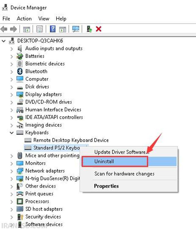 انتخاب گزینه Uninstall device (حذف دستگاه)
