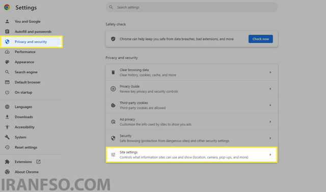 روی Site settings (تنظیمات سایت) کلیک کنید.