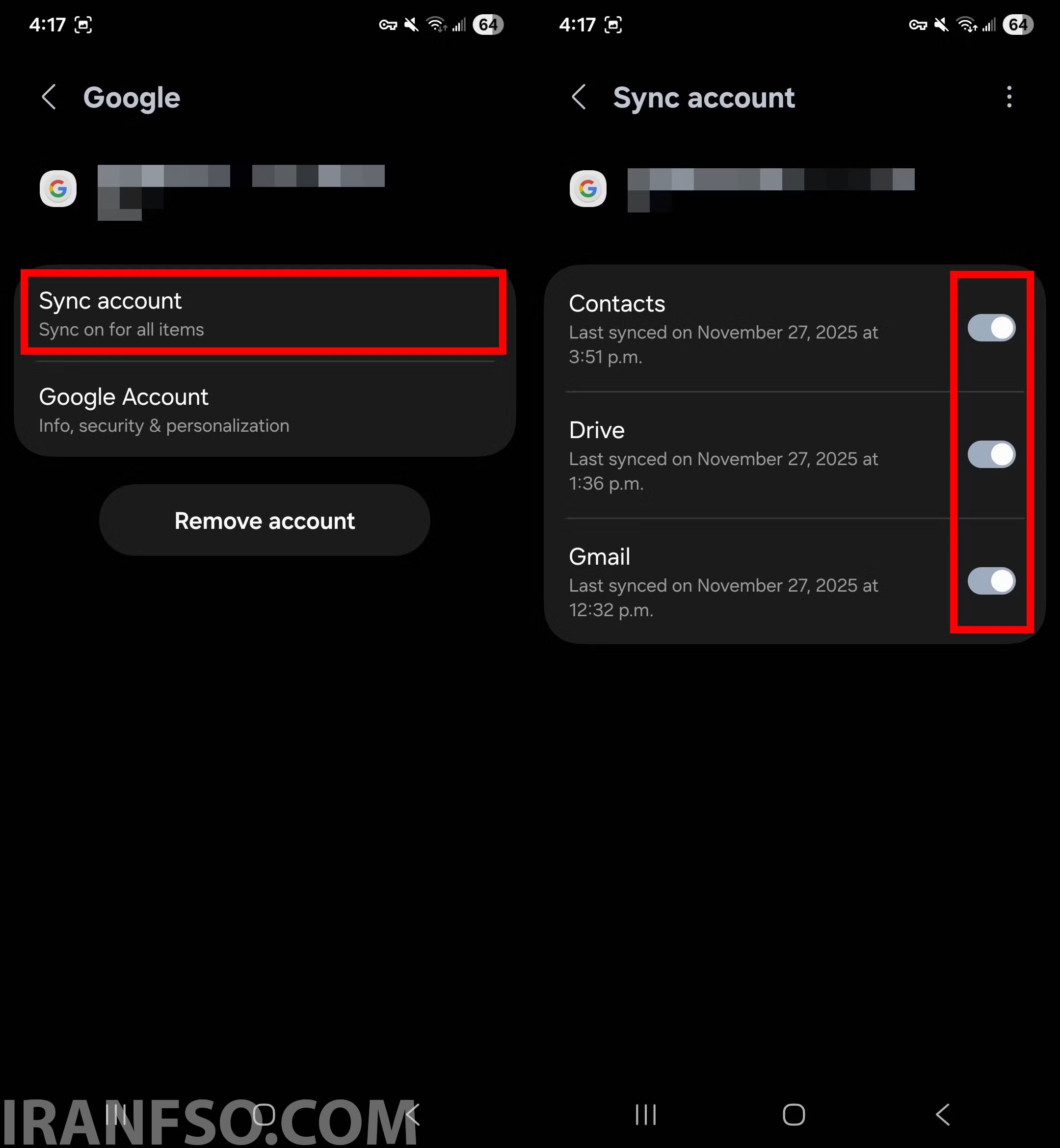 حساب گوگل خود را انتخاب کنید و گزینه Sync account را بزنید.