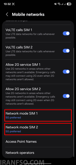 گزینه Preferred Network Type را بررسی کنید.