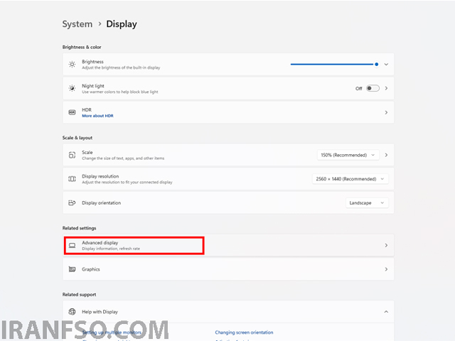 پایین صفحه روی Advanced Display کلیک کنید.