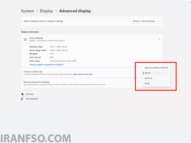 روبه‌روی عبارت Refresh Rate مقدار هرتز نمایش داده می‌شود