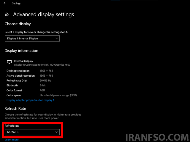 در بخش Screen Refresh Rate مقدار هرتز نمایش داده می‌شود.