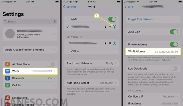 مشاهده MAC Address از طریق تنظیمات Wi-Fi