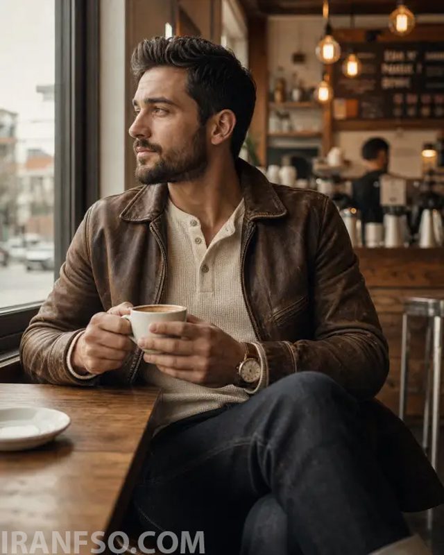 صبحانه در کافه با کاپشن چرمی قهوهای