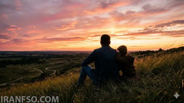 تصویر سینمایی پدر و پسر در حال تماشای غروب آفتاب