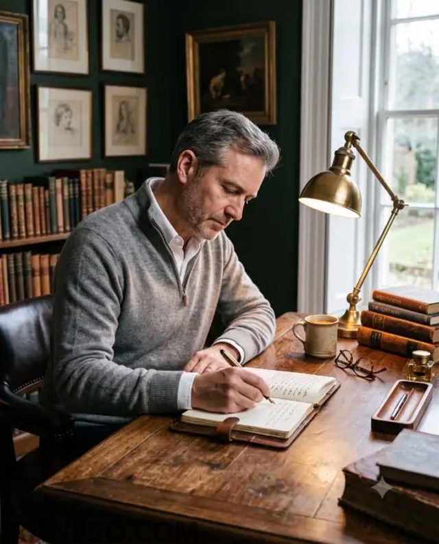 Man Writing at a Wooden Desk