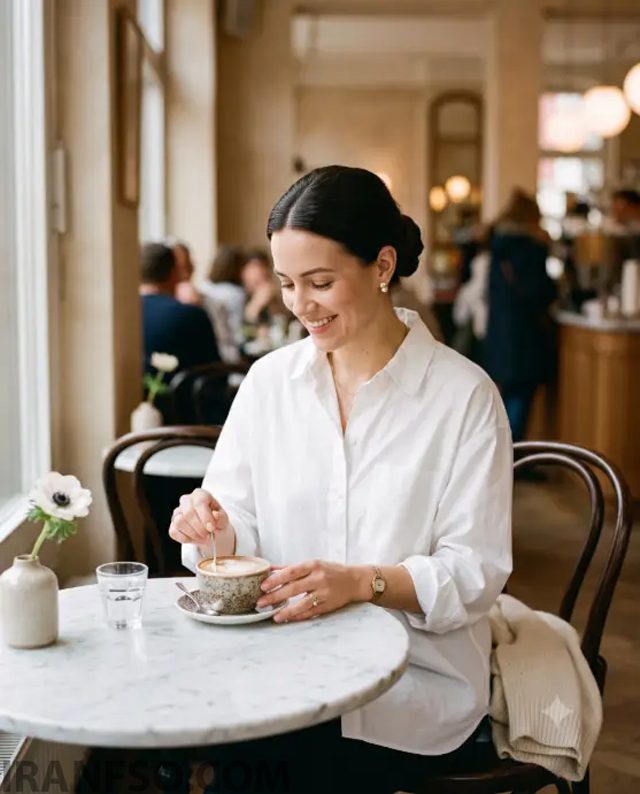 White Shirt and Pearls at a Café Table