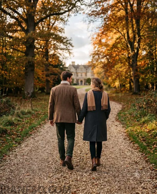 Couple Walking a Country Estate Path