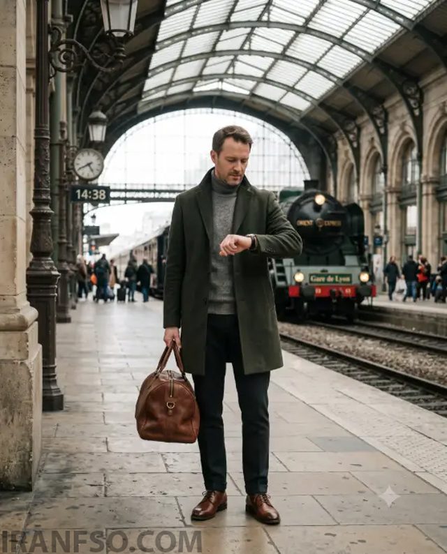 Man in a Loden Overcoat at a Train Station