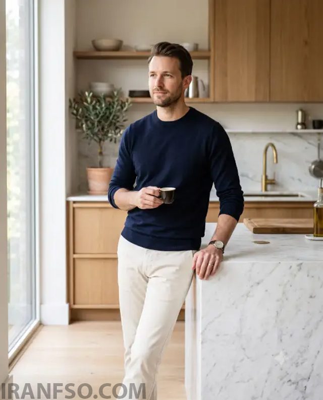 Man in a Navy Knit at a Marble Kitchen Island