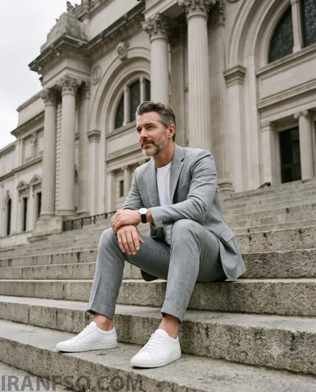 Gray Suit on Museum Steps