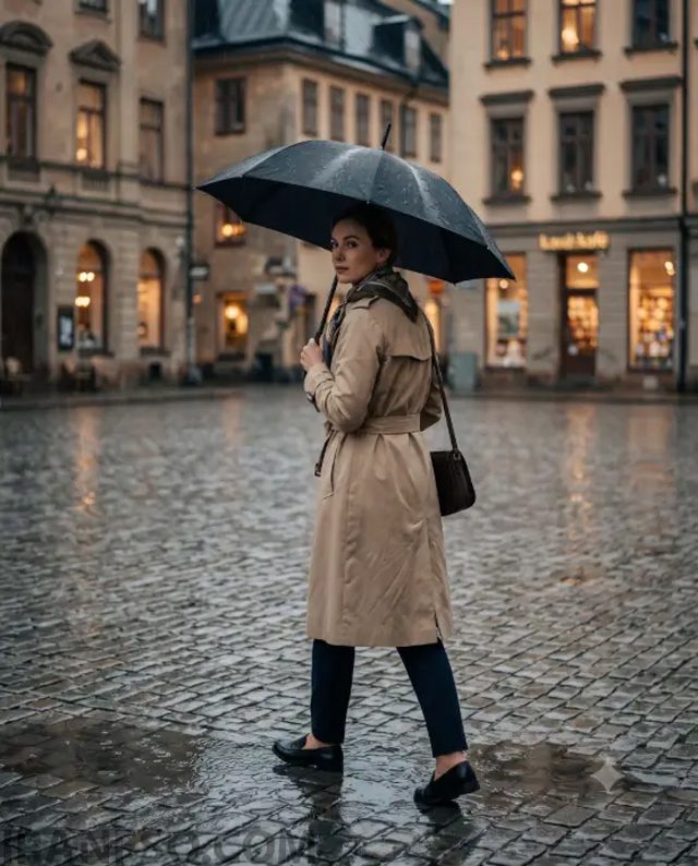 Trench Coat and Umbrella in Light Rain