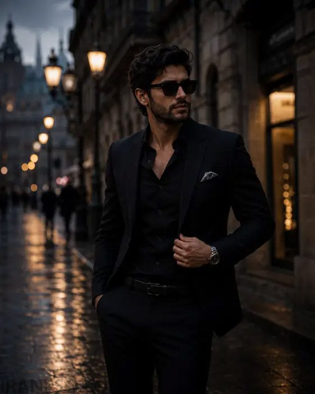 عکس کتوشلوار تمام مشکی در خیابان بارانی (All Black Suit on a Wet Street)