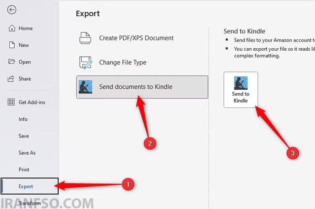 مسیر Export > Send Documents To Kindle > Send To Kindle را دنبال کنید.