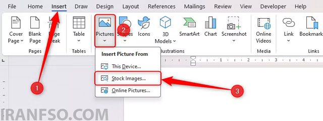 مسیر Insert > Pictures > Stock Images را دنبال کنید.