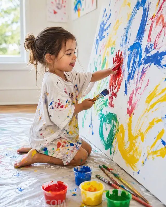 کودک در حال نقاشی روی بوم بزرگ