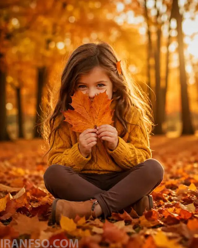 پرتره پاییزی کودک میان برگ‌های رنگارنگ