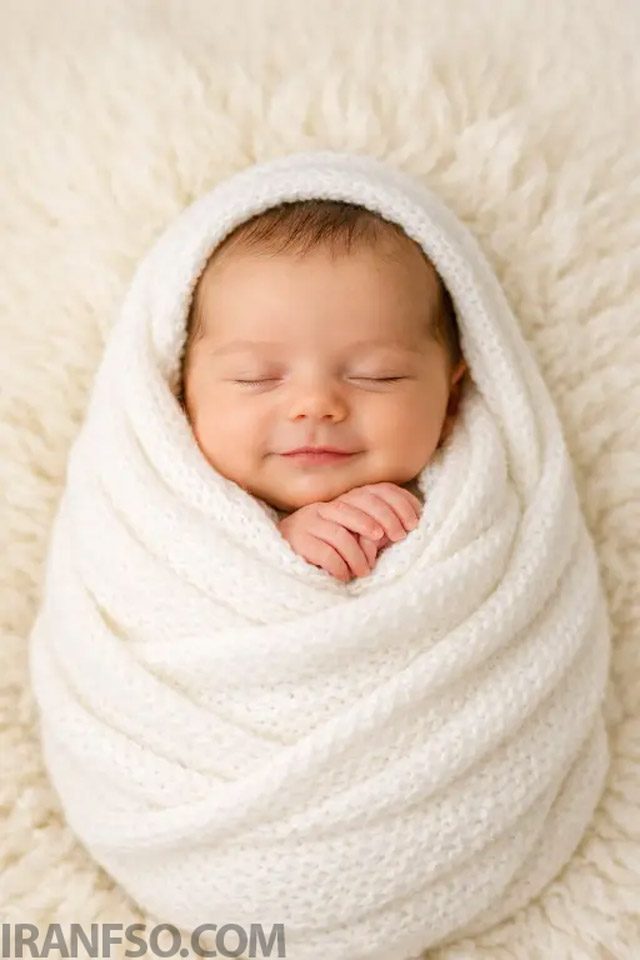نوزاد تازه متولد شده داخل پتوی سفید بافتنی
