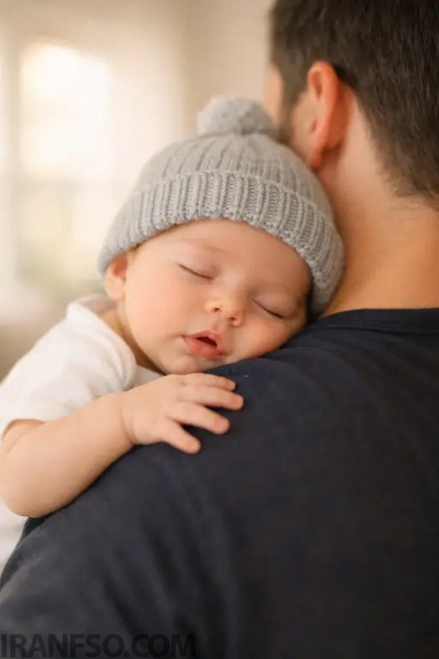 نوزاد پسر با کلاه بافتنی روی شانه پدر
