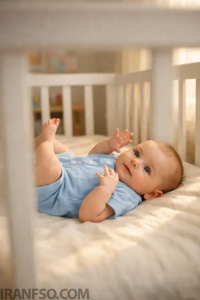 نوزاد پسر سه ماهه داخل تخت چوبی سفید