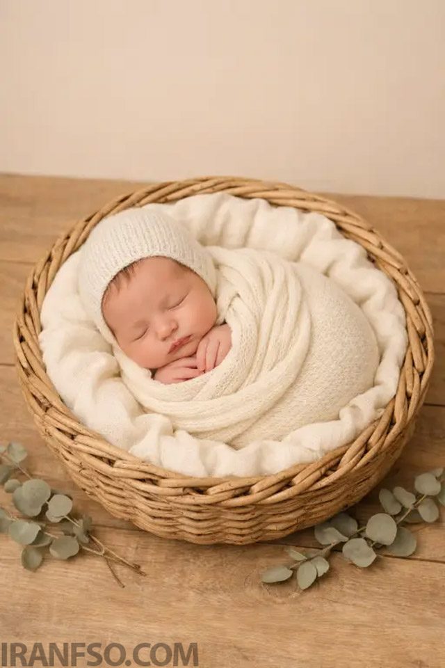 نوزاد خوابیده داخل سبد حصیری