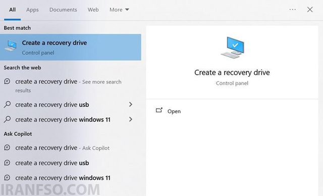 اجرای ابزار Create a Recovery Drive ویندوز 11