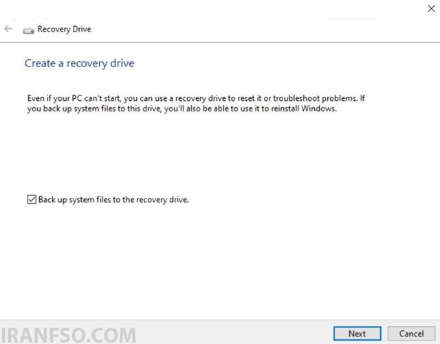 فعال کردن گزینه Backup System Files در Recovery Drive