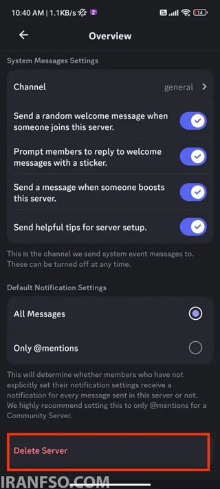 گزینه Delete Server را انتخاب کنید
