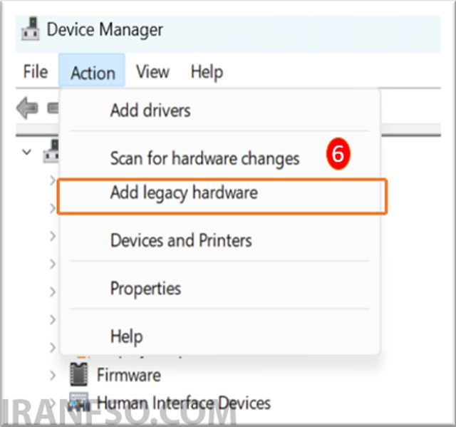 از منوی Action گزینه Add Legacy Hardware را انتخاب کنید.