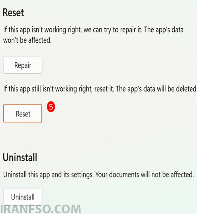 اگر مشکل برطرف نشد، گزینه Reset را انتخاب کنید.