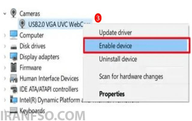 اگر دوربین غیرفعال است روی آن راستکلیک کرده و Enable Device را انتخاب کنید.