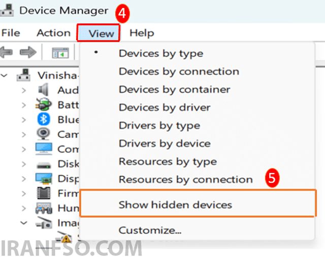 اگر دوربین نمایش داده نمیشود از منوی View گزینه Show Hidden Devices را فعال کنید.