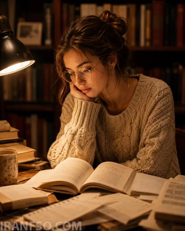 بانویی در میان انبوه کتابهای باز