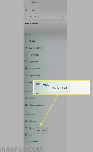 روی گزینه Keyboard راستکلیک کرده و سپس Pin to Start را انتخاب کنید.