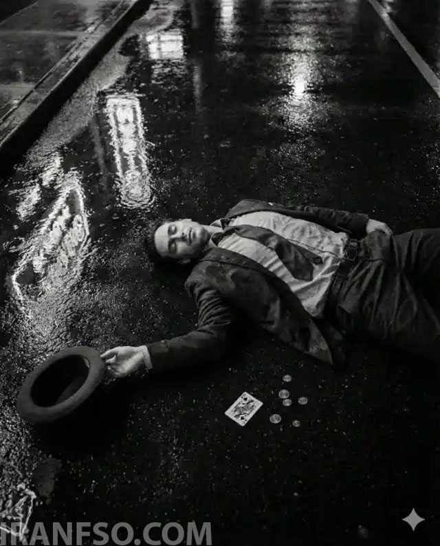 نمای از بالا؛ مردی روی خیابان خیس