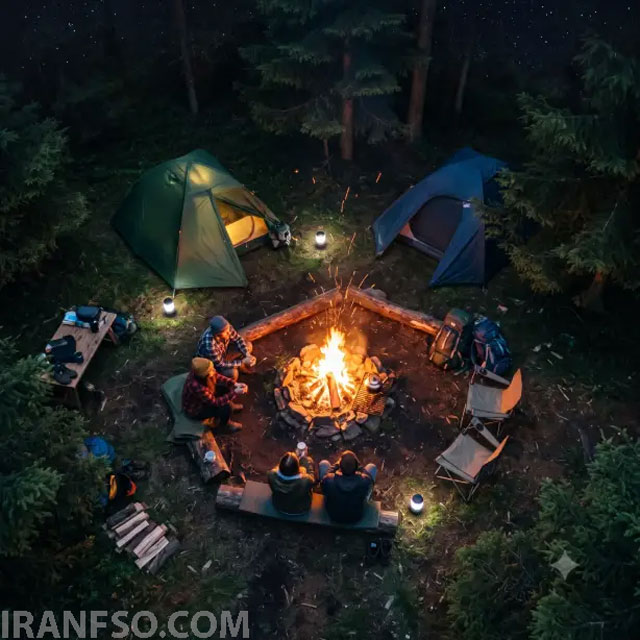 نمای هوایی از کمپینگ در شب