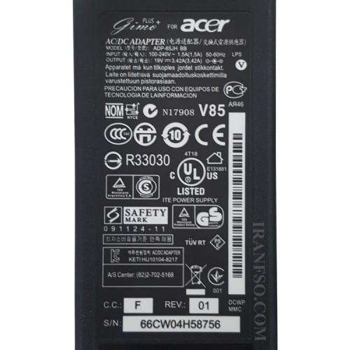 آداپتور لپ تاپ ایسر 19V 3.42A Gimo Plus سرریز 3mmx1.1mm