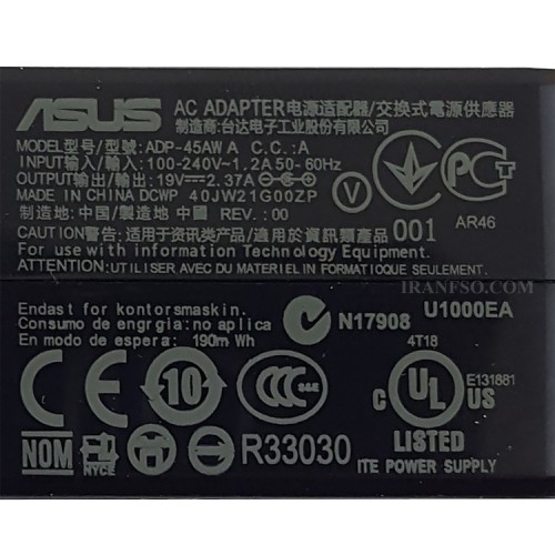 آداپتور لپ تاپ ایسوس 19V 2.37A مربعی زنبوکی سرفیش بزرگ-اورجینال 4*1.35mm