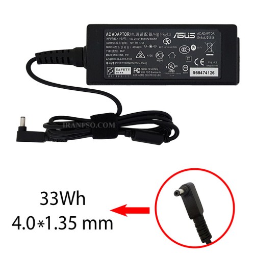 آداپتور لپ تاپ ایسوس 19V 1.75A زنبوکی سرفیش بزرگ 4*1.35mm