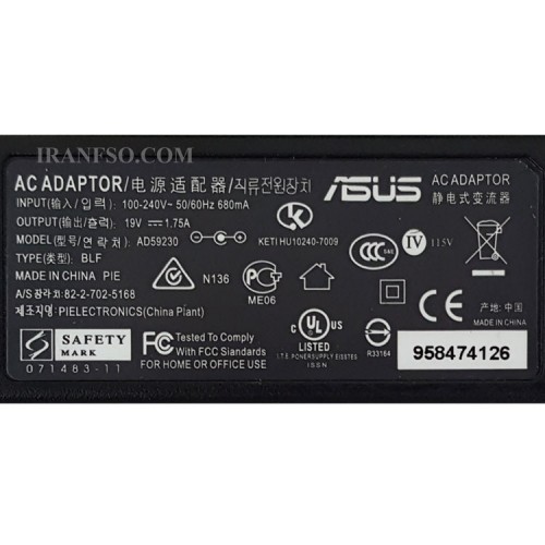 آداپتور لپ تاپ ایسوس 19V 1.75A زنبوکی سرفیش بزرگ 4*1.35mm