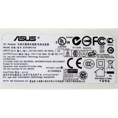 آداپتور لپ تاپ ایسوس 12V 3A اورجینال کابل دوتایی