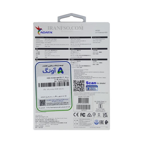 هارد HDD لپ تاپ 1 ترابایت Adata HV320 Slim External سفید-گارانتی آونگ