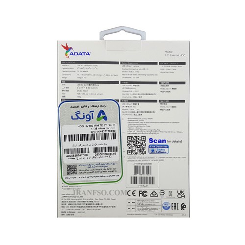 هارد HDD لپ تاپ 2 ترابایت Adata HV300 Slim External سفید-گارانتی آونگ
