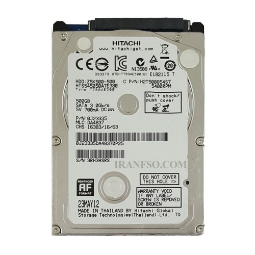 هارد HDD لپ تاپ 500 گیگابایت هیتاچی Sata 5400RPM-Riffer شش ماه گارانتی